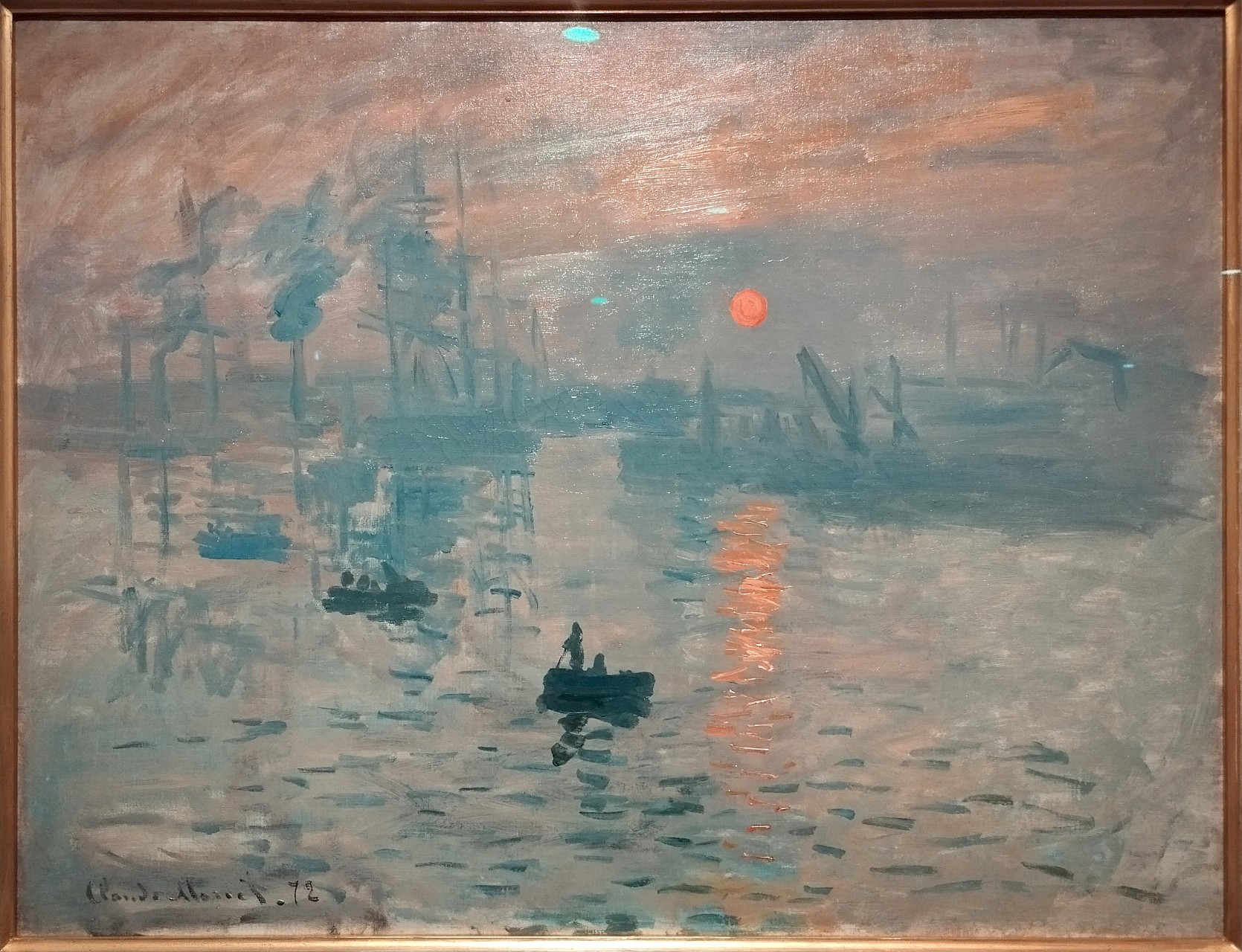 <p>Vous l'avez reconnu: <em>Impression - soleil levant. </em>En patientant quelques minutes, on peut admirer la célébrissime toile de Monet sans être bouscule, en dessert de l'expo Morisot</p>